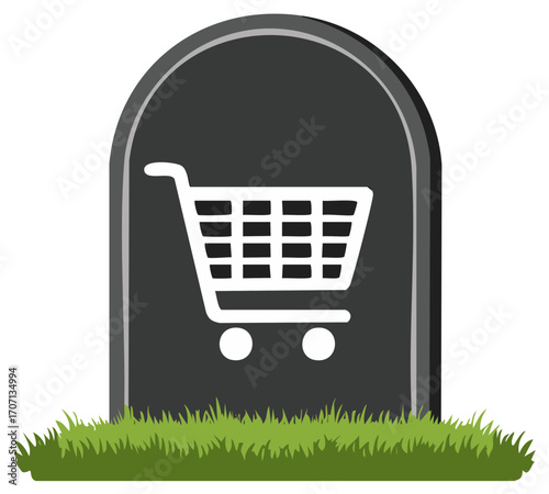 Shopping cart icon on a tombstone symbolizing the death of traditional retail