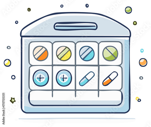 Cartoon pill organizer with capsules and tablets Medicine weekly container dosage case  prescription drugs medical pills