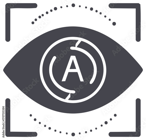 Vision technology eye icon with letter A inside a circular arrow and focus tracking frame