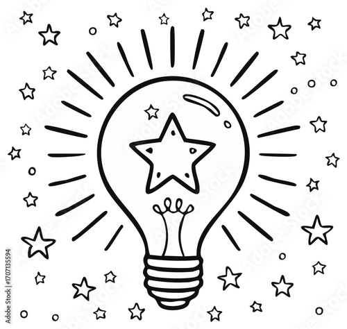 Hand drawn illustration of lightbulb with star inside surrounded by stars and circles