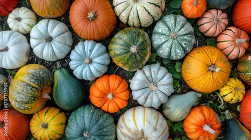 Colorful mix of pumpkins and gourds arranged on the ground for autumn harvest display