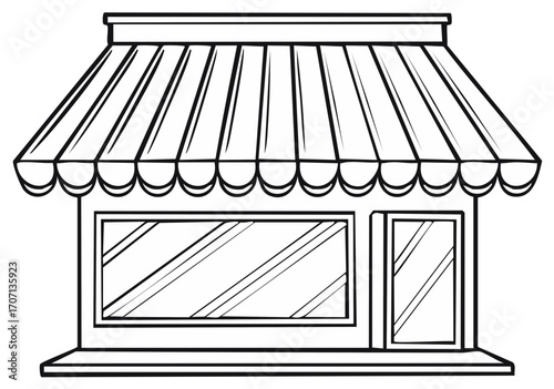 Simple black and white drawing of a storefront with a striped awning and large windows