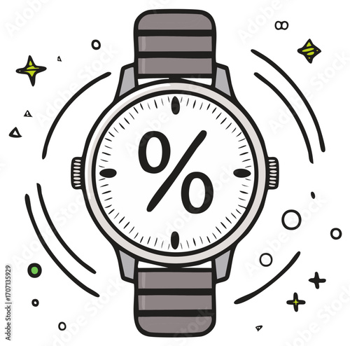 Discount time clock face with percentage sign and festive sparkles