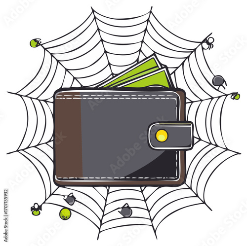 Cartoon Wallet with Green Money Trapped in Spooky Spider Web and Spiders