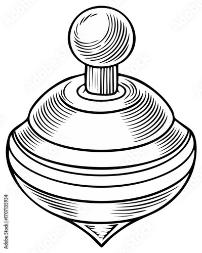 Vintage Style Spinning Top Toy Illustration with Intricate Woodcut Details, Old-Fashioned Game, Black and White