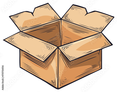 Open cardboard shipping box with drawing style and textured flaps