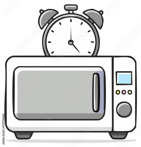 Cartoon illustration of a microwave oven with an alarm clock on top, stylized drawing.