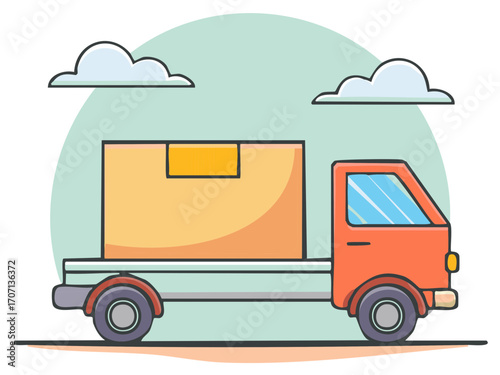 Red truck with box delivery against cloudy sky background vector illustration