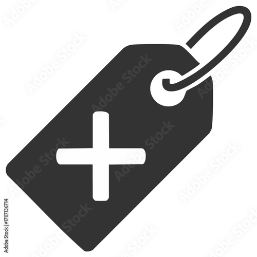 Medical tag icon with plus sign, graphic symbol for healthcare and first aid.
