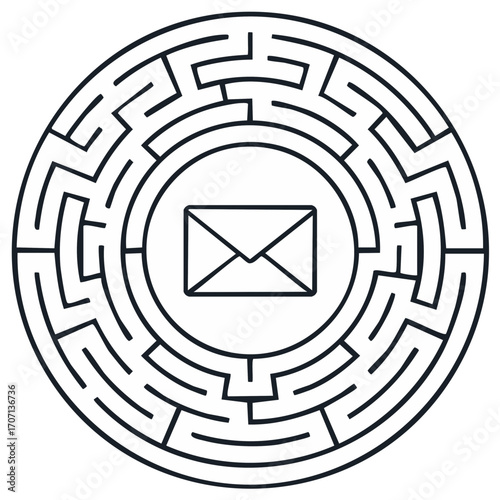 Circular Maze with Central Mail Envelope Icon Representing Communication Challenge