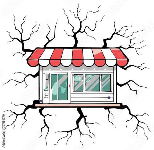 Cracked Ground Surrealism Tiny Shop With Red and White Canopy