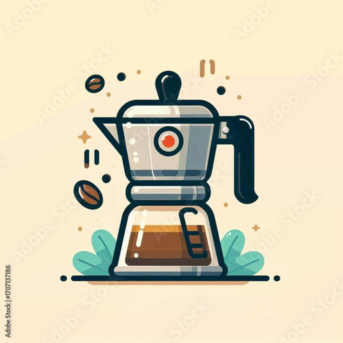 Cartoonstyle Moka pot on a beige background coffee beans stars and small leaves surround the pot