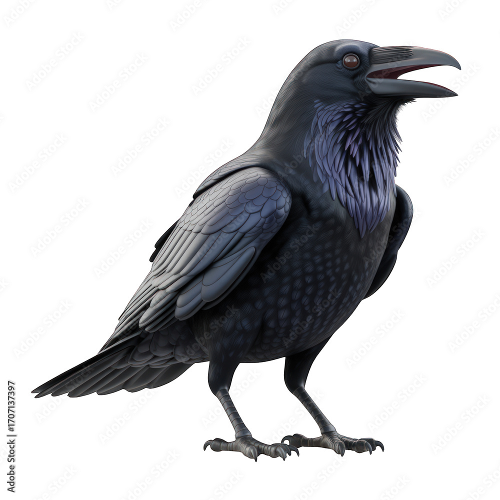 Fototapeta premium Isolated raven image standing crow dark bird black background on transparent background