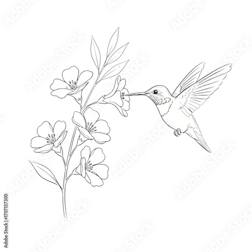 Illustration of hummingbird feeding on a flower