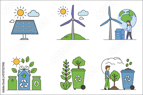 A collection of graphic elements depicting sustainable living, including solar panels, wind turbines, recycling bins, and green energy concepts for a healthier planet.