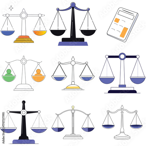 Collection of stylized balance scales representing justice and equality