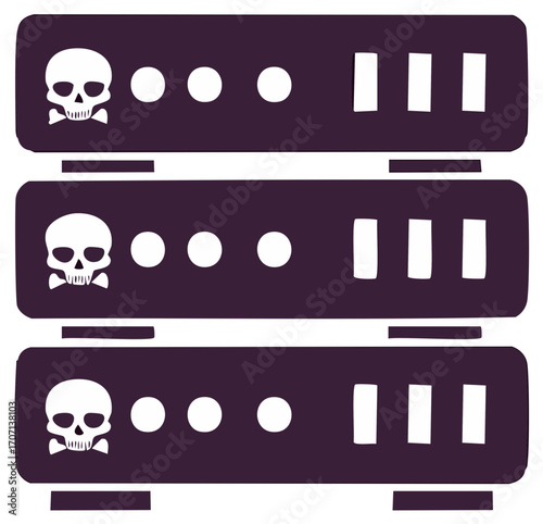 Three server units displaying skull and crossbones symbolizing data security threat and cyber attack