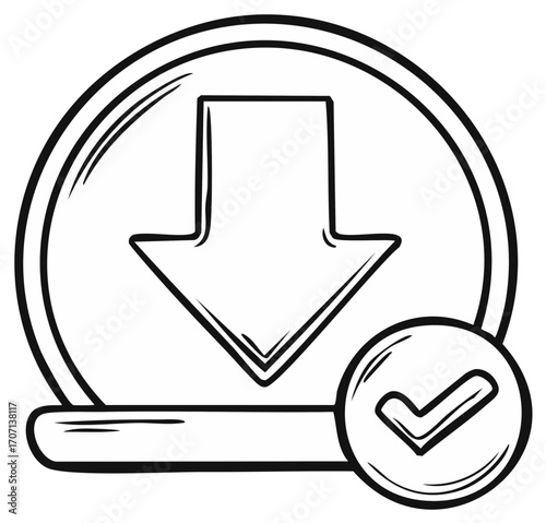 Hand drawn download complete icon with arrow and checkmark symbol in a doodle sketch style