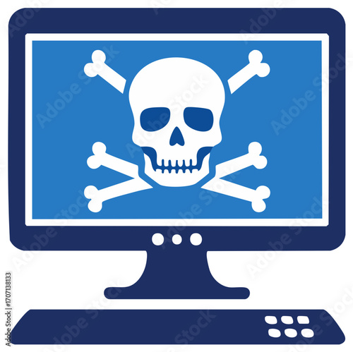 Computer screen displaying a skull and crossbones symbol. Cyber attack concept.