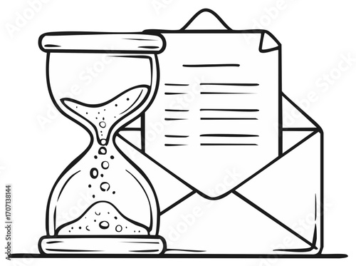 Sand clock, letter and envelope illustration. Concept of time, deadline, and communication.