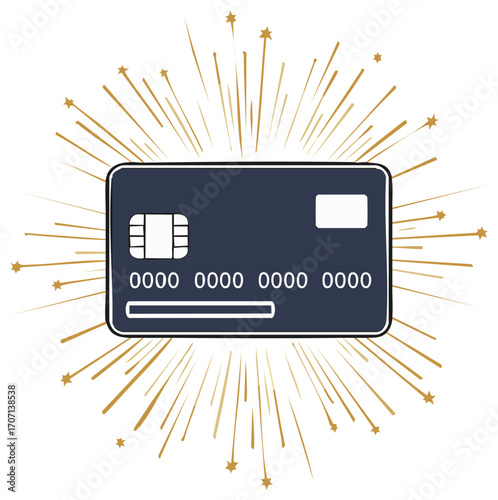 Dark credit card with golden starburst and sparkles creating a celebratory financial concept.