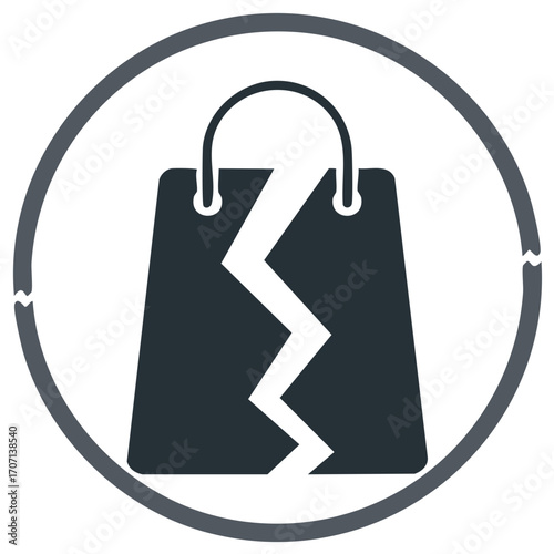Broken shopping bag icon for failed purchase or damaged goods concept