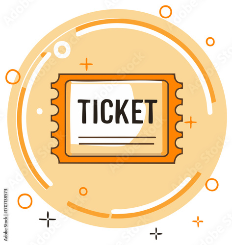 Stylish Graphic Design with Orange Ticket Illustration and Circular Element for Events and Admission