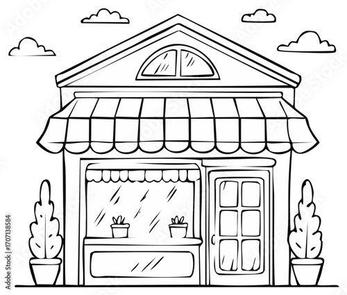 Hand Drawn Storefront Illustration, Outline Building with Awning and Potted Plants, Exterior of a Shop