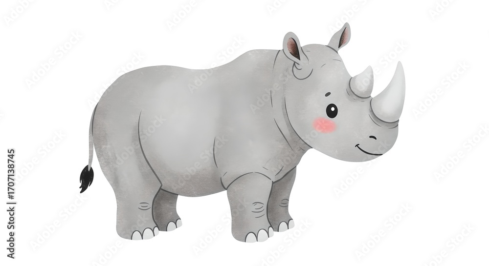 Fototapeta premium Soft watercolor cartoon rhino, side profile, round belly, rosy cheeks, friendly posture, isolated white background design.