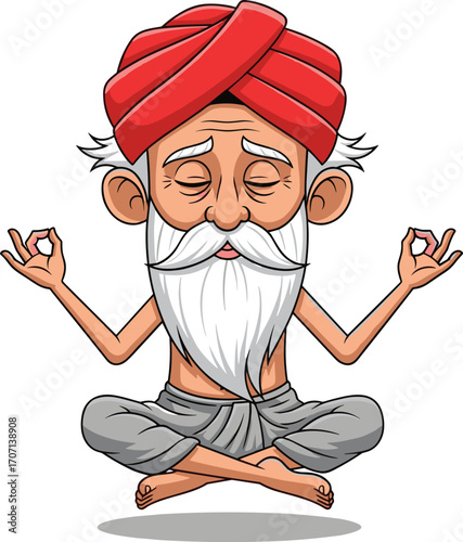 Meditating cartoon yogi in lotus pose, wise old man with turban, spiritual guru illustration, levitating monk character, peaceful expression, vector art