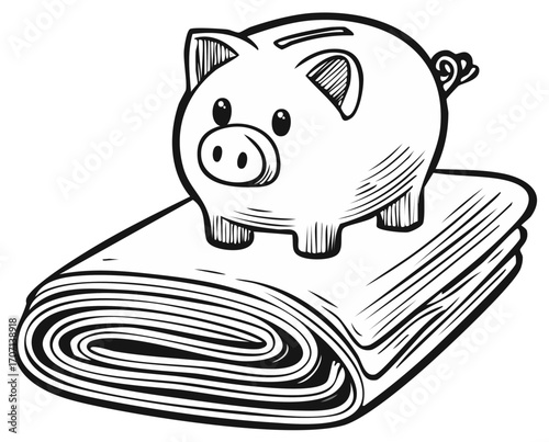 Piggy bank atop a stack of paper in a black and white vintage illustration