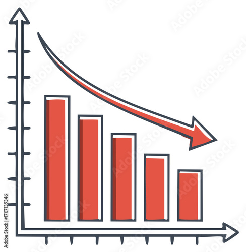 Downward trending chart with a declining arrow in vector illustration.