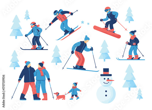 People Enjoying Winter Vector Illustration,  Snowboarding, Skiing, Skating, Walking Dog, Building Snowman, Flat Style Cartoon Characters, Outdoor Winter Park Scene, Seasonal Snow Vector Artwork