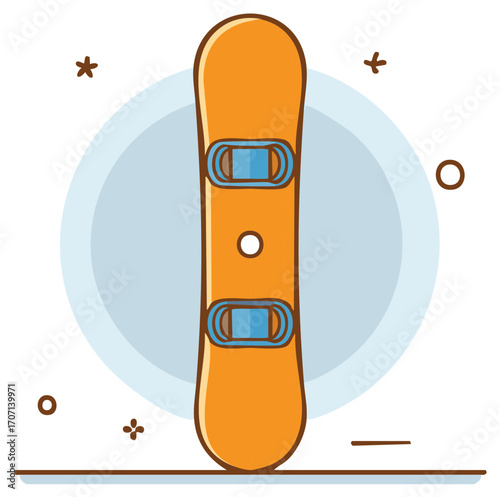 Whimsical orange snowboard vector icon with blue bindings centered on a soft circle with scattered geometric decorations