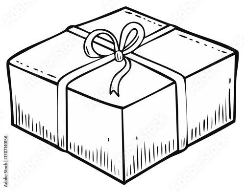 Black and white line art illustration of a wrapped gift with a prominent bow