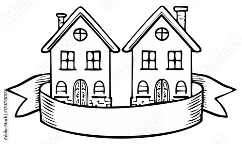 Black and white line art of two identical charming houses with an empty customizable scroll banner