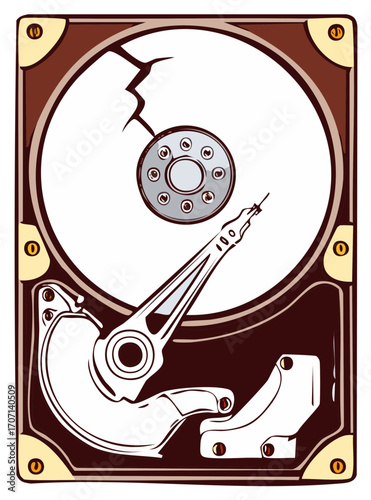 Cracked hard drive vector illustration showing internal failure and data loss concept