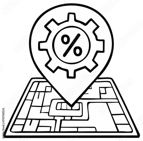 Gear location marker with percentage symbol on a map, business concepts