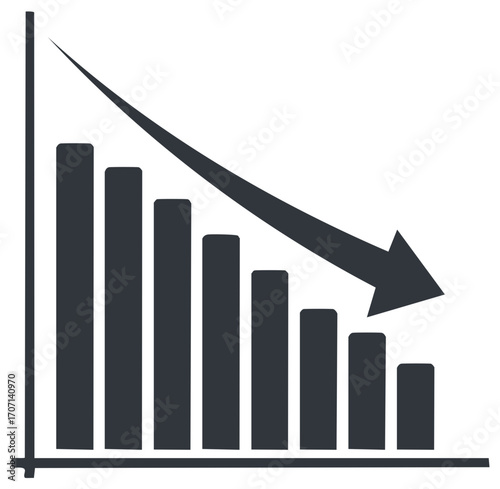 Business bar graph with decreasing bars and a downward arrow representing economic loss and market fall