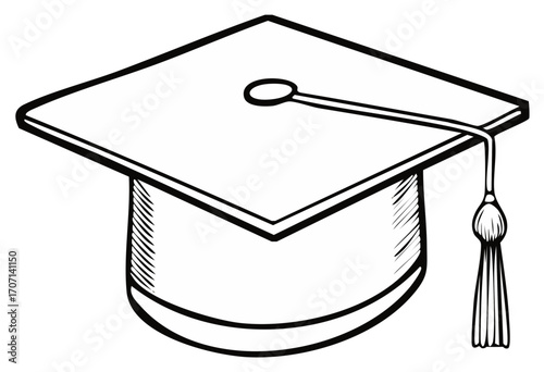 Black and white drawing of a graduation cap with a tassel