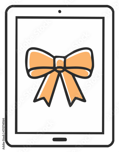 Digital tablet with an orange festive bow icon representing online gifts and special offers