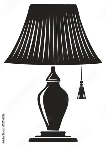 Monochrome Illustration of a Stylish Table Lamp with Shade and Tassel Ornament