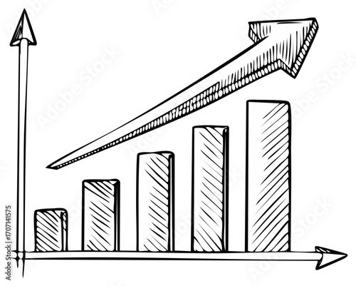 Hand Drawn Bar Chart with Ascending Arrow Illustrating Growth and Positive Trend