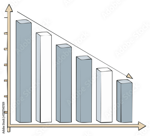 Visual representation of decreasing values on a bar chart with a downward trend line