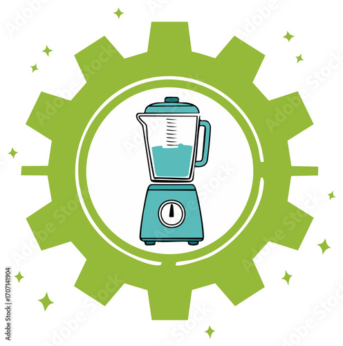 Vector illustration of a blender, placed inside a gear, representing health and healthy food