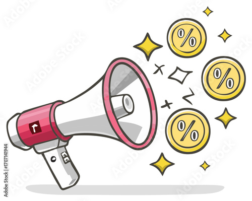 Hand Drawn Illustration of a Bullhorn Broadcasting a Sale Announcement with Gold Percentage Coins and Sparkles