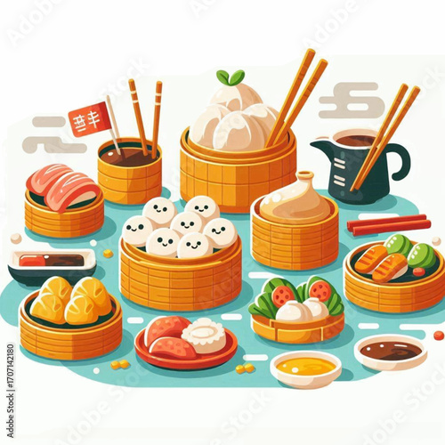 Colorful illustration features various dim sum dishes in bamboo steamers on a light blue surface