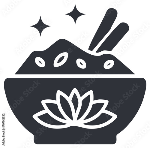 Bowl of grains or rice with chopsticks and lotus flower design. Simple vector icon