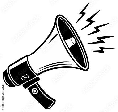Vector illustration of a black and white megaphone with sound symbols