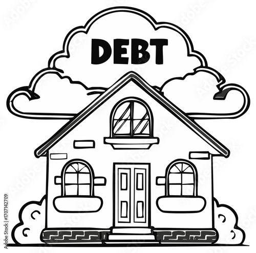 Black and white cartoon house with the word DEBT in a cloud above, symbolizing financial burden.